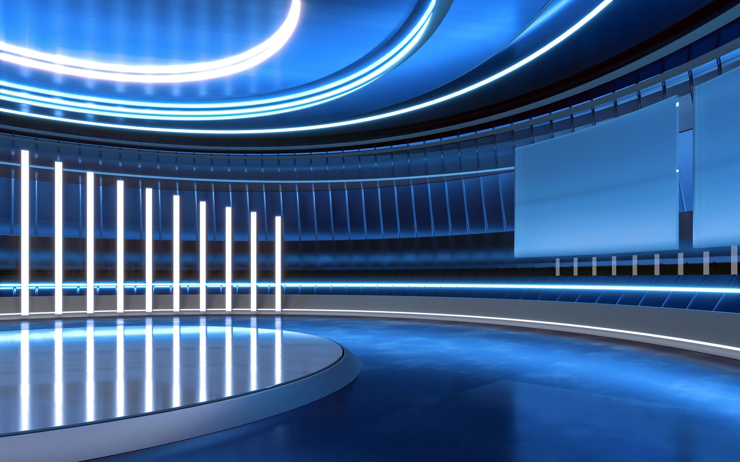 Television studio background with blue walls and lighting