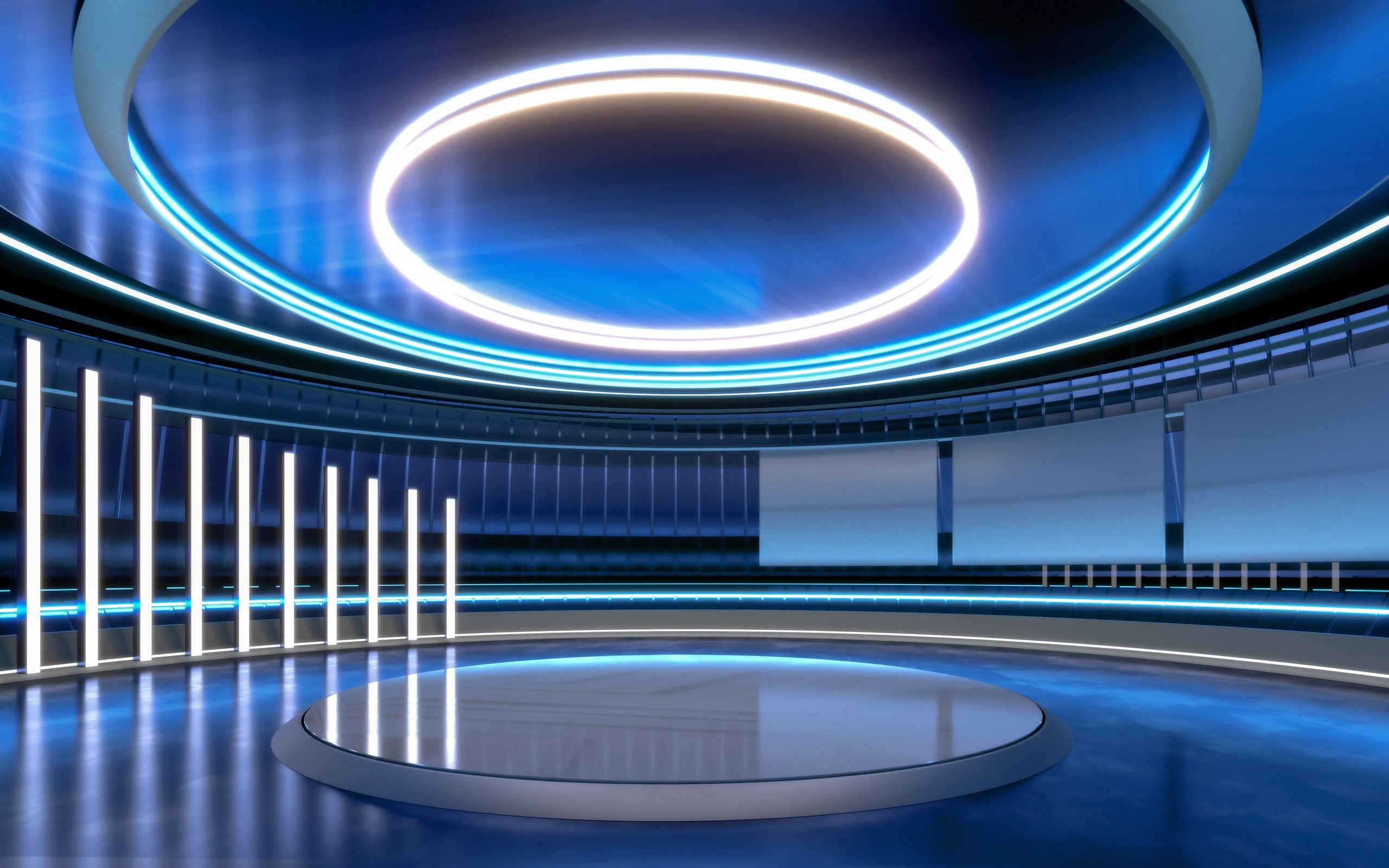 Virtual broadcasting studio with central stage and bright lights